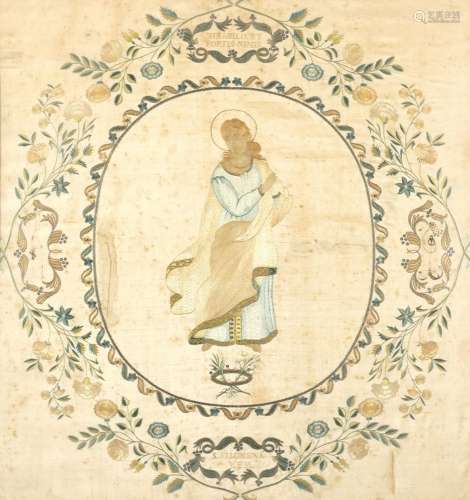 Richly embroidered silk panel depicting Saint Philomena, 19t...