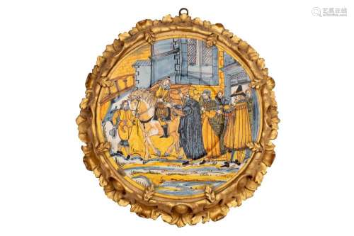 Antique polychrome majolica plate with historiated scene