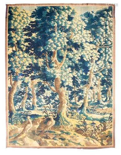 Ancient tapestry depicting a woodland landscape and animals