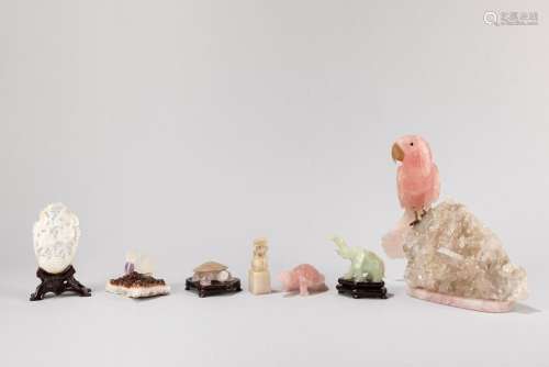 Seven sculptures in various materials depicting animals, Chi...