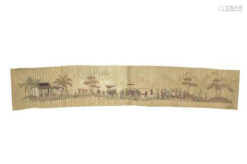 Embroidery on silk depicting a ceremony with a procession in...