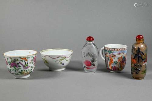 Three Chinese famille rose cups and two glass inside painted...