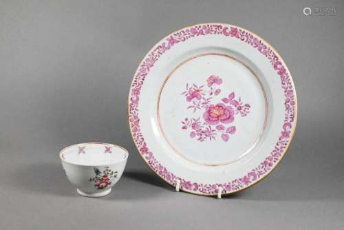 An 18th century Chinese famille rose floral plate and tea bo...