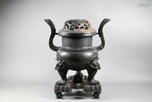 An antique large Chinese archaistic bronze tripod censer