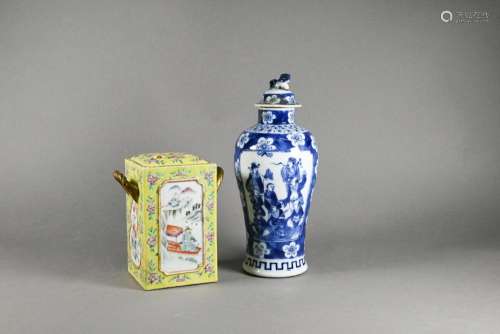 A Chinese yellow ground bough vase and blue and white Immort...