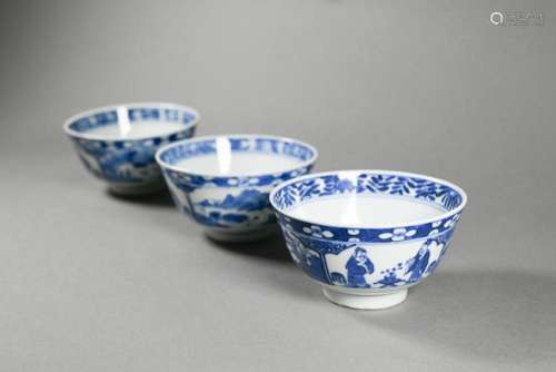 Three 19th century Chinese blue and white bowls with four-ch...