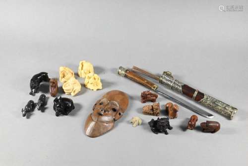 A Chinese trousse set to/w a collection of Japanese netsuke