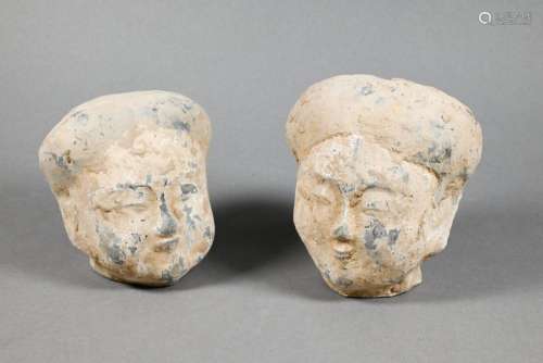 Two Chinese terracotta female court attendant heads