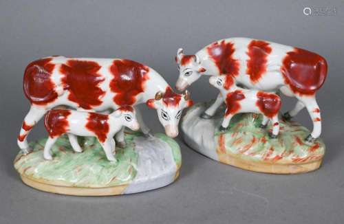 Pair of 19th century Staffordshire pottery cows with calves