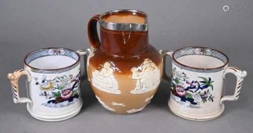 A Victorian Stoneware harvest jug and pair of measures