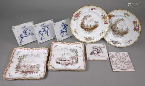 Four faience plates and five Delft tiles
