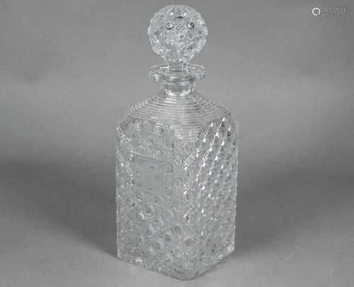 An unusually large square cut glass decanter and stopper