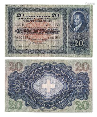 Banque Nationale Suisse, 2 billets de 20 francs de la 3ème é...