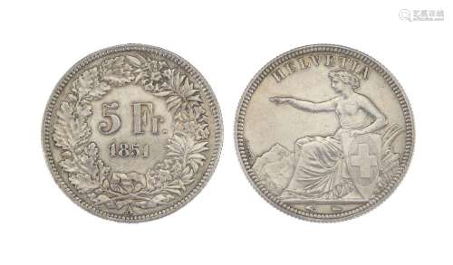 Confédération Helvétique, 2 pièces de 5 francs 1851 en argen...