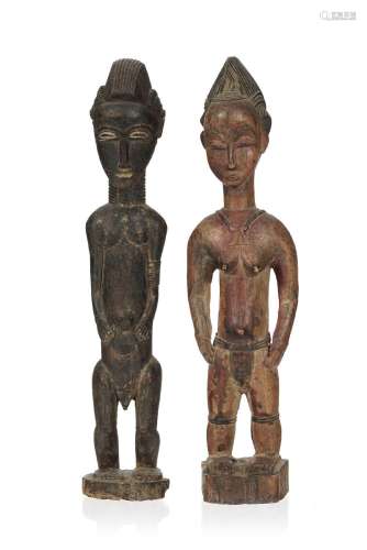 2 statuettes Baoulé, bois dur et pigments, Côte d'Ivoire, h....
