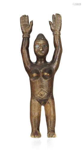 Statuette nkisi Kongo, bois à patine brun foncé, clous et fr...