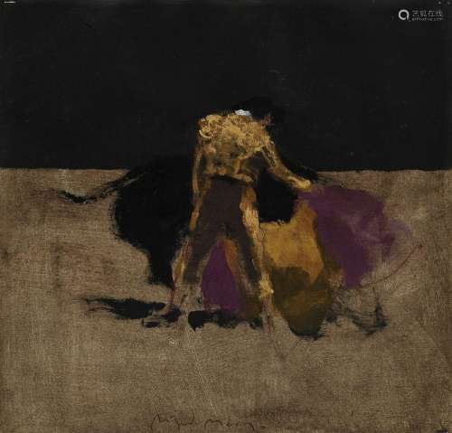 Miguel Macaya (1964), Toreador et taureau, huile sur papier,...