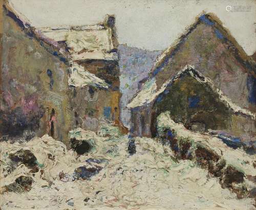 Victor Charreton (1864-1936)<br />
Village sous la neige, hu...