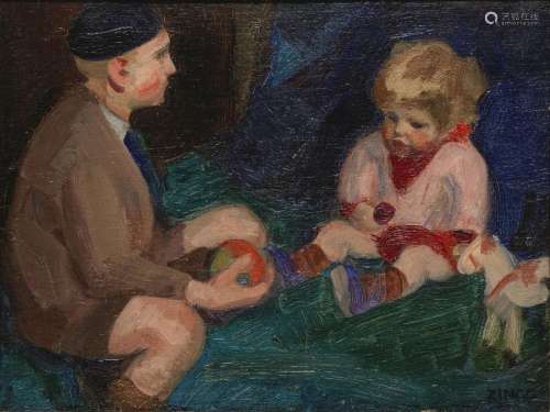 Jules-Emile Zingg (1882-1942)<br />
Enfant jouant, huile sur...