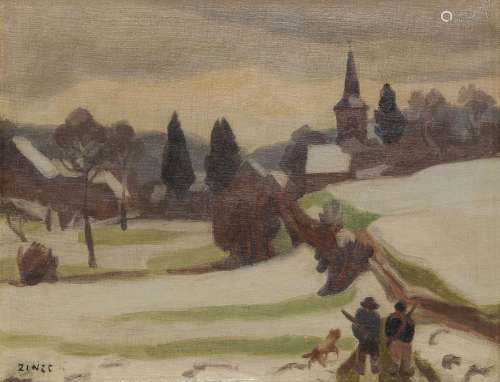 Jules-Emile Zingg (1882-1942)<br />
Chasseurs en hiver, huil...