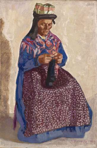 Erich Hermès (1881-1971), Paysanne tricotant, 1918, huile su...