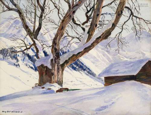 Hans Beat Wieland (1867-1945), Paysage, temps de neige, aqua...