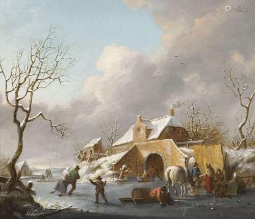 Ecole hollandaise du XVIIIe s., Scène animée et lac gelé, hu...