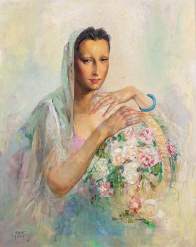 Aimé VAN BELLEGHEM (1922-1996) 'Lady with flowers' oil on ca...