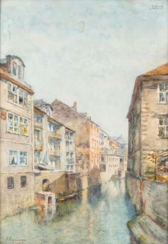 Alphonse PECQUEREAU (1831-1917) 'Canal View' watercolour on ...