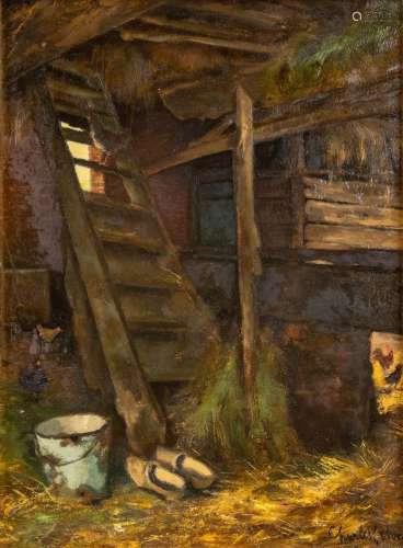 Charles LEBON (1906-1957) 'View in the barn' oil on canvas. ...