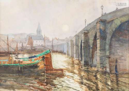 Edouard ELLE (1859-1911) 'The Bridge' watercolour on paper. ...