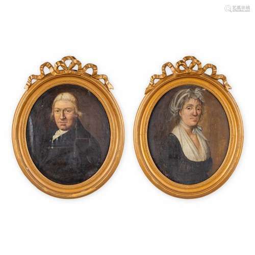 A pair of antique portraits in an oval frame, Louis XVI styl...
