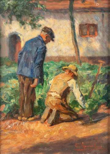 Emile ROMMELAERE (1873-1961) 'Two Farmers' oil on canvas. (W...
