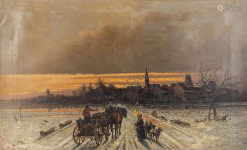 G. SCHNEIDER (XIX) 'Horse Drawn Carriage in the snow' oil on...