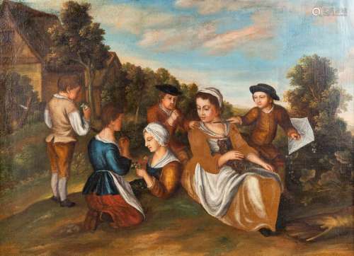 Animated family scène with women and children, oil on canvas...