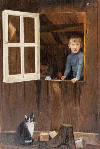 Hermanus BERSERIK (1921-2002) 'Boy with a cat' oil on panel....