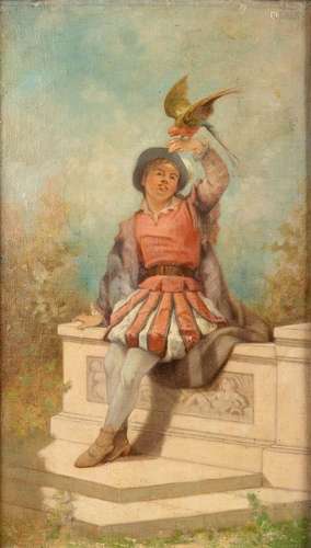 Young man with a bird, an antique painting, oil on canvas, m...