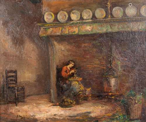 Julien VAN DE VEEGAETE (1886-1960) 'Peeling Potato's' oil on...
