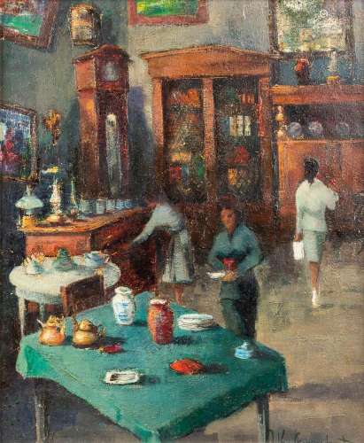 Jan VAN CAMPENHOUT (1907-1972) 'Interior with figurines' oil...