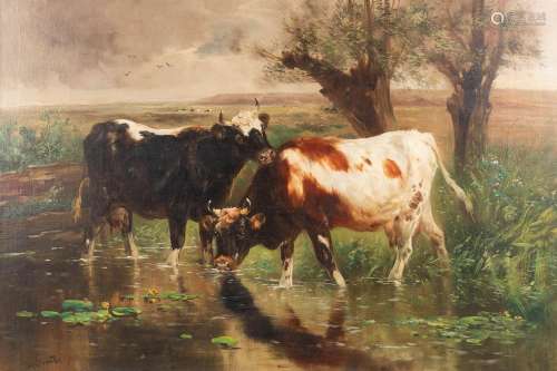Henry SCHOUTEN (1857/64-1927) 'Drinking Cows' oil on canvas....