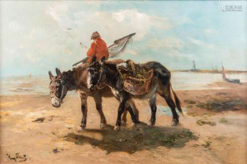 Henry SCHOUTEN (1857/64-1927) 'Donkey's on the beach', oil o...