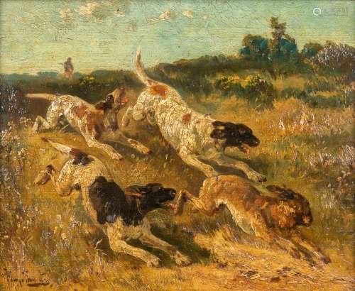 Henry SCHOUTEN (1857/64-1927) 'Hunting a Hare' oil on panel....