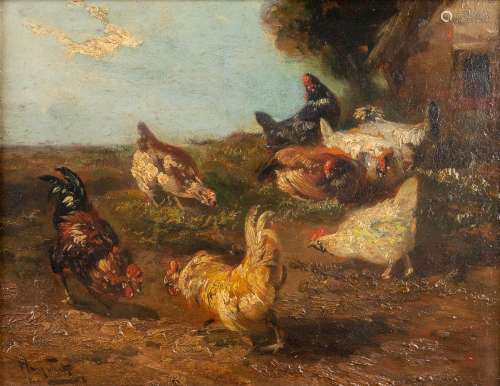 Henry SCHOUTEN (1857/64-1927) 'Chicken' oil on panel. (W: 28...