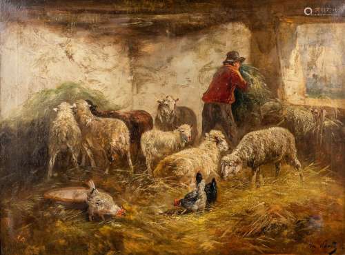 Henry SCHOUTEN (1857/64-1927) 'Sheep in a barn' oil on canva...