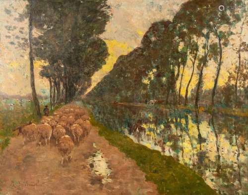 René DE BAUGNIES (1869-1962) 'Damse Vaart with sheep and a s...