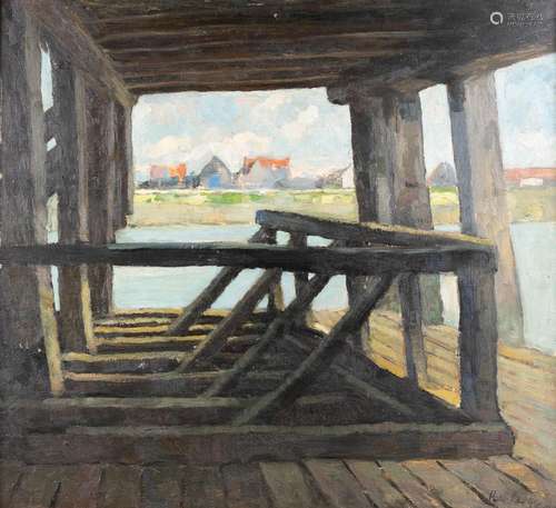 René DE PAUW (1887-1946) 'Zeebrugge' oil on panel. (W: 64 x ...