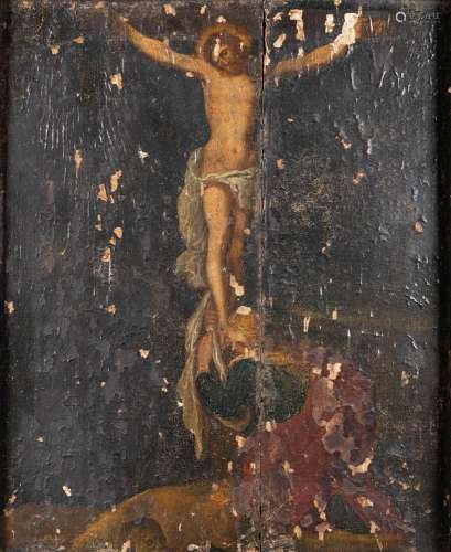 Christ hanging from the cross, oil on panel. 18th C. (W: 45 ...