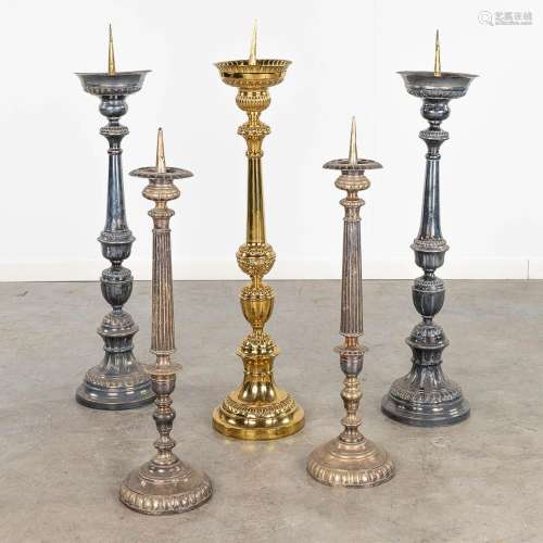 A set of 5 candlesticks, made of copper, silver-plated metal...