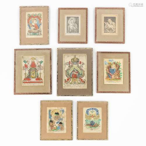 A collection of 8 religious 'Santjes' depicting images and p...