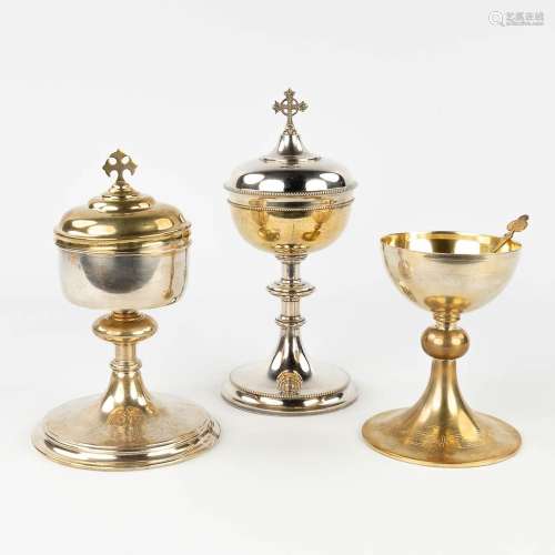A collection of 2 ciboria and 1 chalice, silver-plated and g...
